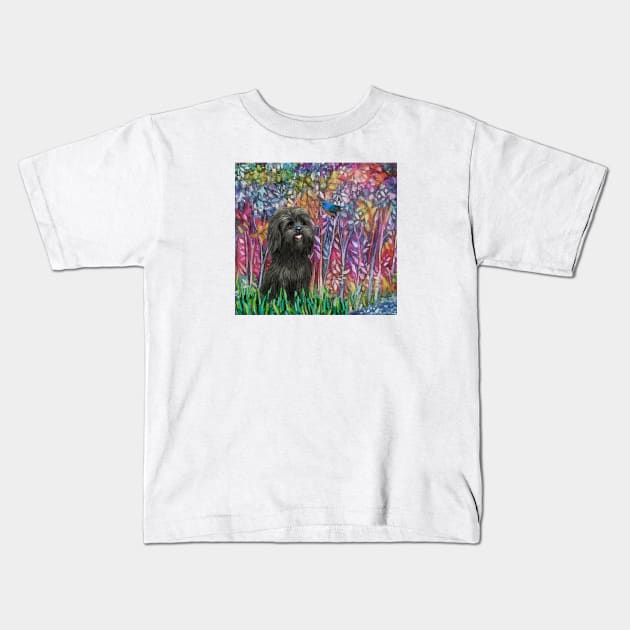 Forest in Bloom with an Adorable Black Shih Tzu Kids T-Shirt by Dogs Galore and More